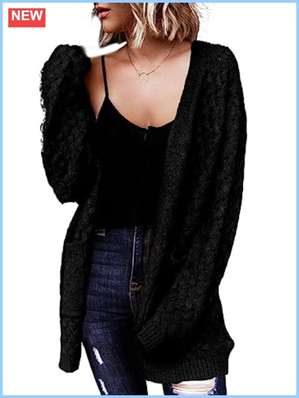 Chunky Cable Knit Open Front Cardigan Sweater with Pockets